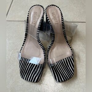 Schutz Leather Vinyl Double Strap Slip On Block Heel Striped Sz 7 Black/White